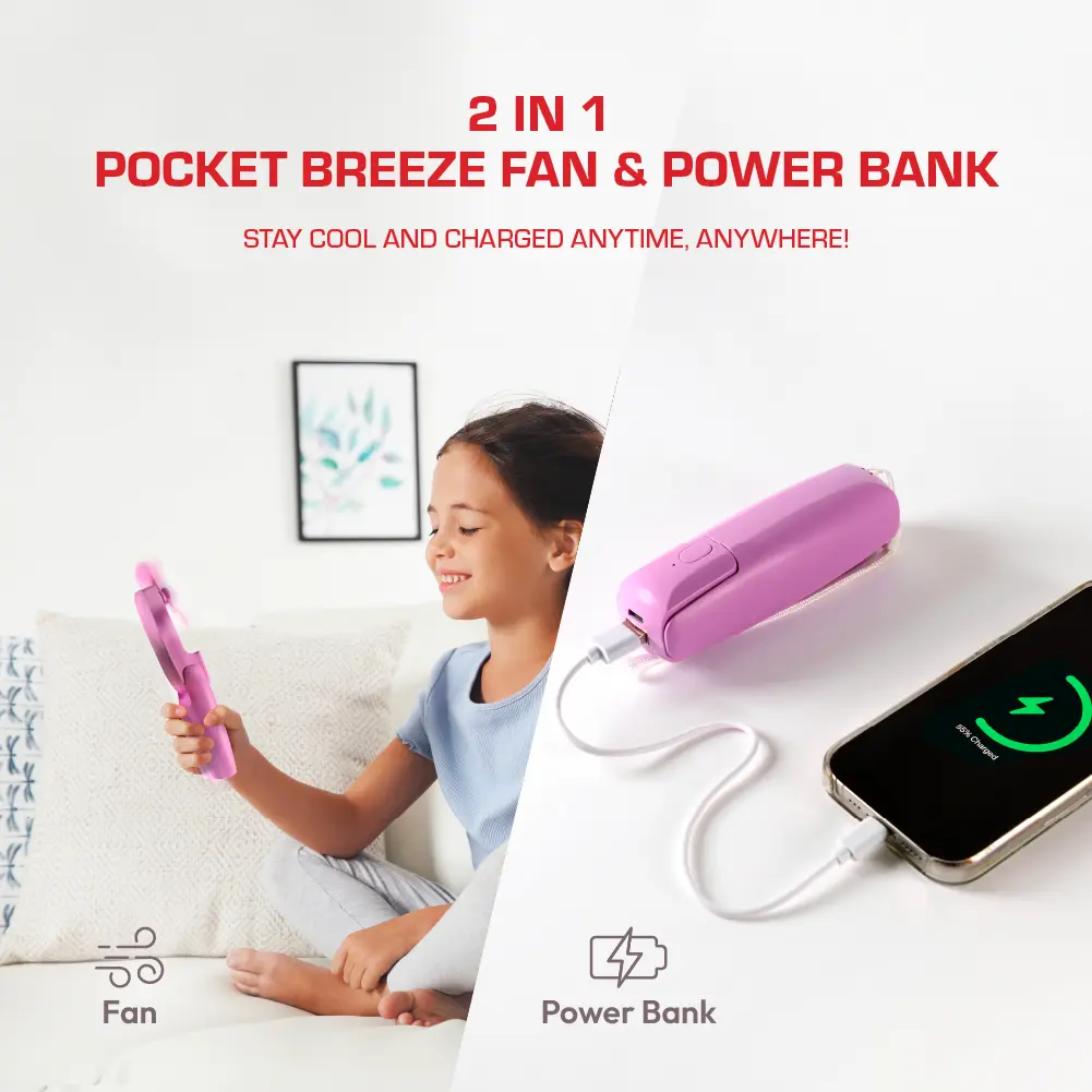 RED by KISS Portable Mini 2-in-1 Pocket Fan & Power Bank – Handheld Rechargeable USB-C Travel Fan - Image 2