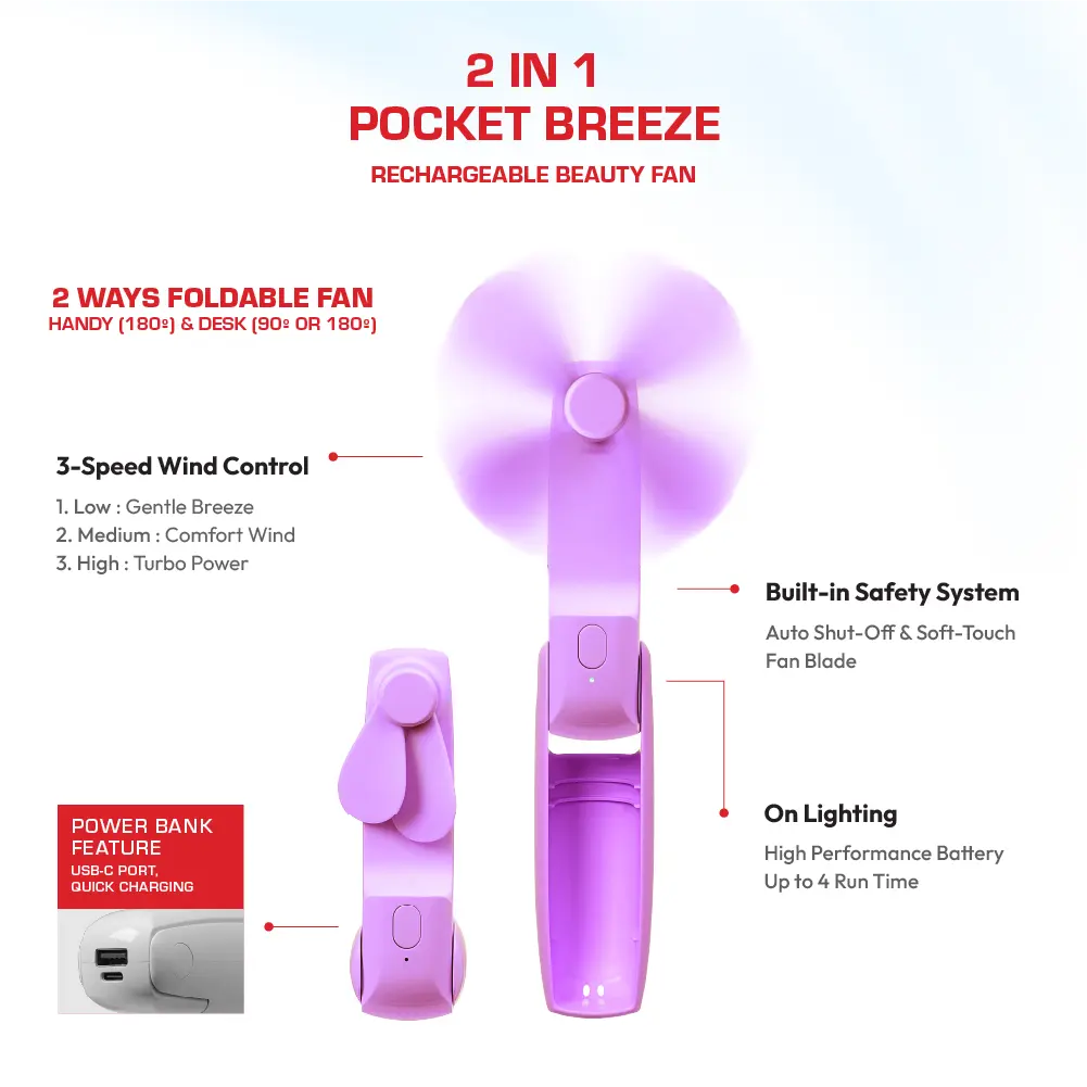 RED by KISS Portable Mini 2-in-1 Pocket Fan & Power Bank – Handheld Rechargeable USB-C Travel Fan - Image 4