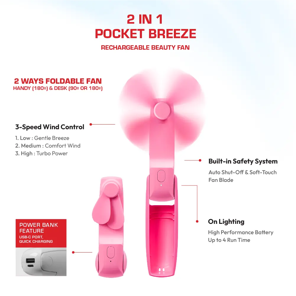 RED by KISS Portable Mini 2-in-1 Pocket Fan & Power Bank – Handheld Rechargeable USB-C Travel Fan - Image 7