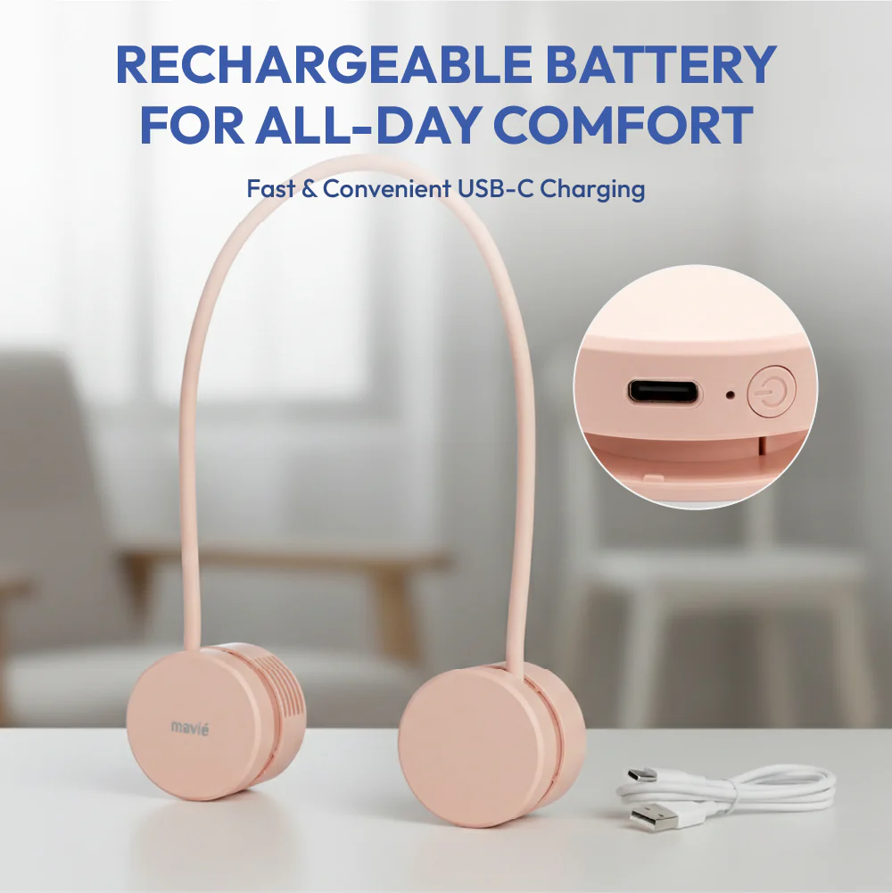 MAVIÉ Portable Personal Neck Fan, Cooling Hands Free Bladeless Fan, Rechargeable Long Battery Life, 360° Airflow with 3 Speeds, Lightweight Collapsible Design, Low Noise with Strong Wind - Image 6