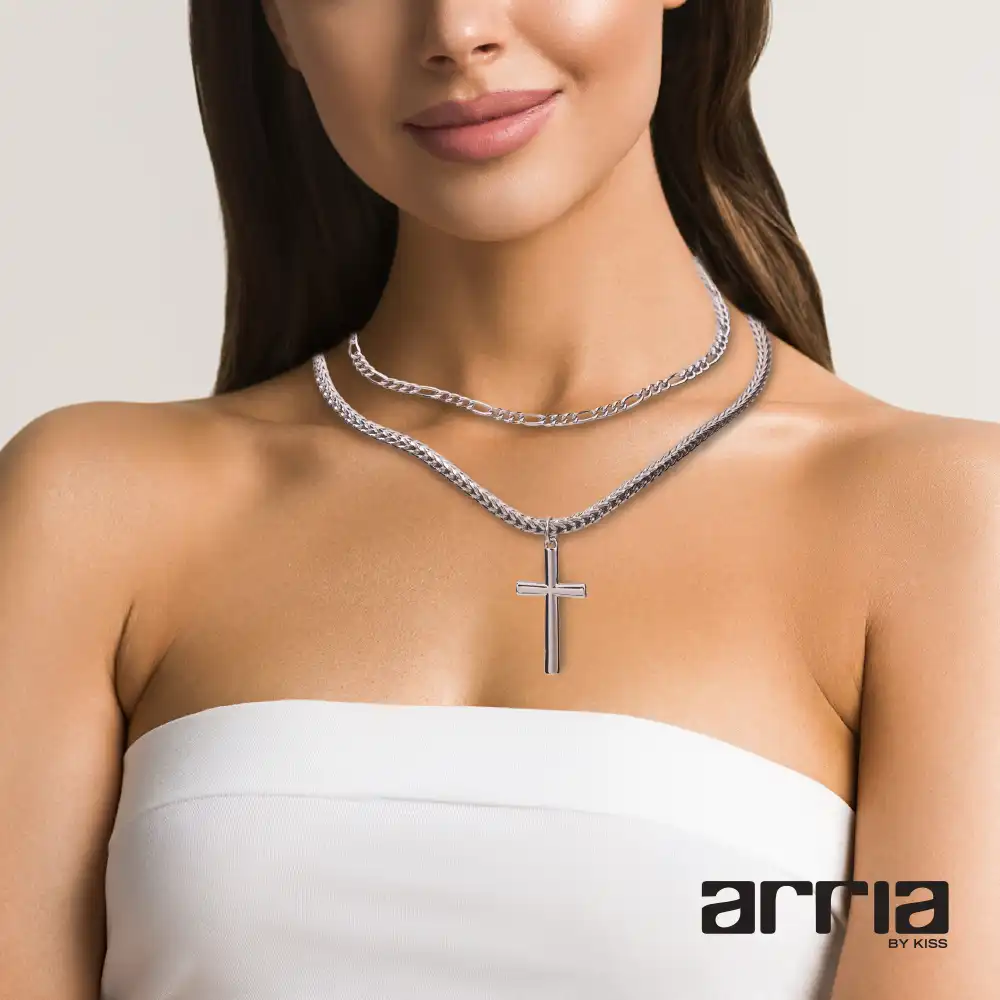 Arria Premium White Gold Cross Pendant Layered Necklace - Image 2