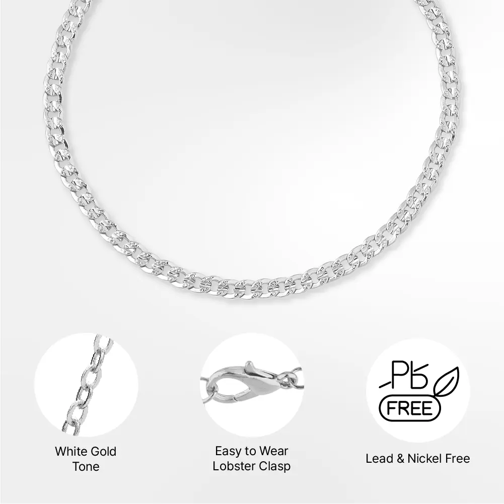 Arria Premium White Gold Tone 4mm Textured Curb Chain Anklet - Image 4