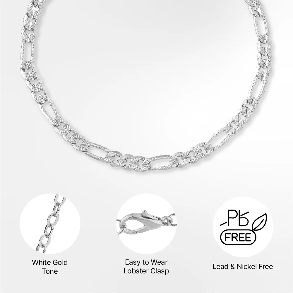 Arria Premium White Gold Tone 5.2mm Textured Figaro Chain Anklet - Image 4