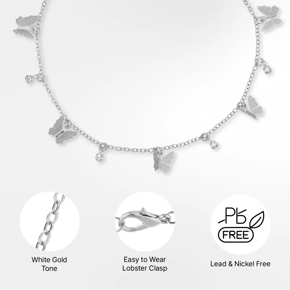 Arria Premium White Gold Tone Butterflies And Gems Chain Anklet - Image 4