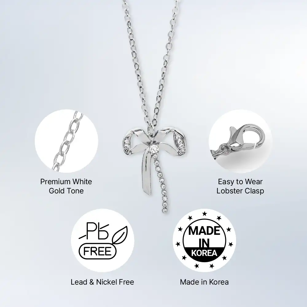 Arria Premium White Gold Tone Cubic Zirconia Coquette Bow Pendant Necklace - Image 3