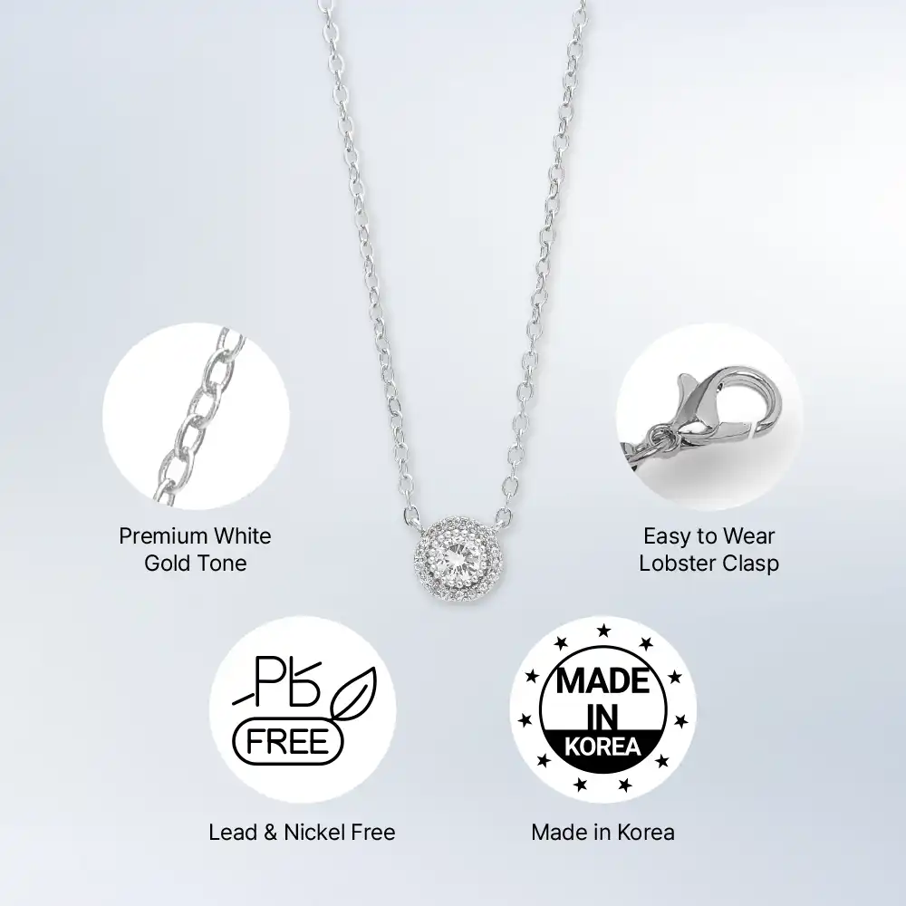 Arria Premium White Gold Tone Cubic Zirconia Round Button Pendant Necklace - Image 3
