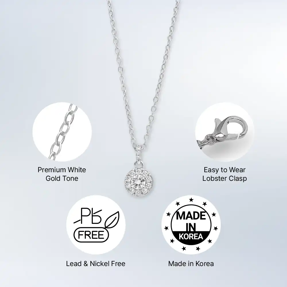 Arria Premium White Gold Tone Cubic Zirconia Round Stone Pendant Necklace - Image 3