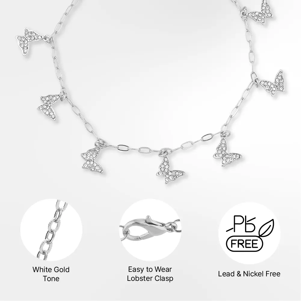 Arria Premium White Gold Tone Gemstone Butterflies Chain Anklet - Image 4