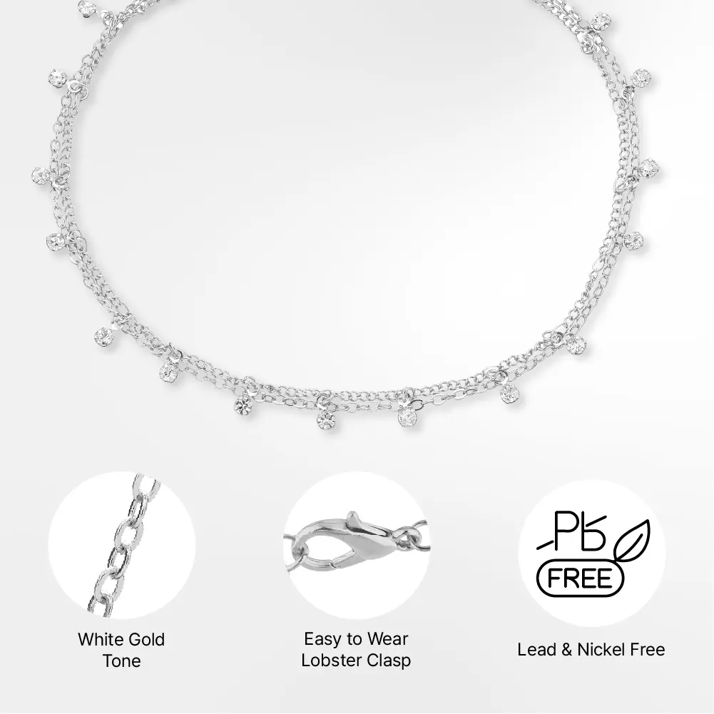 Arria Premium White Gold Tone Layered Crystal Chain Anklet - Image 4