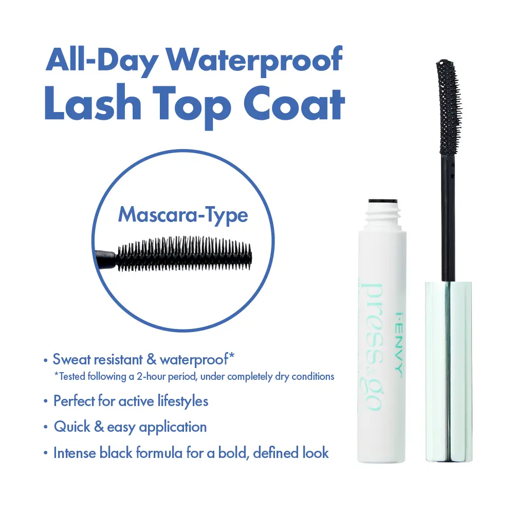 I-ENVY Press&Go Waterproof Lash Top Coat - Locks in Lash Clusters & False Eyelashes, Sweat-Resistant Black Finish - Image 2