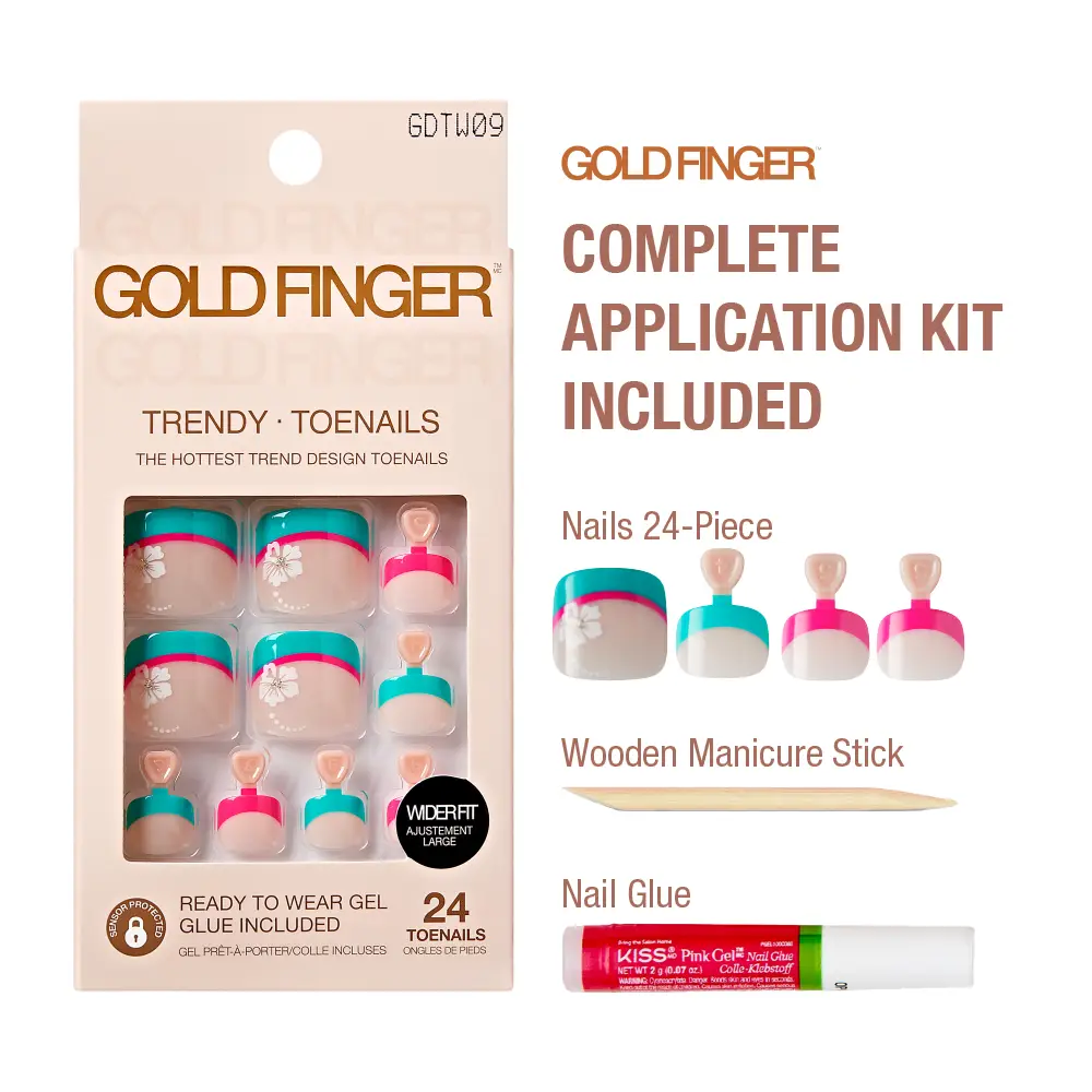Gold Finger Press On Toenails for Wide Fit 24 Trendy Gel Toe Nails with Glue - Image 4
