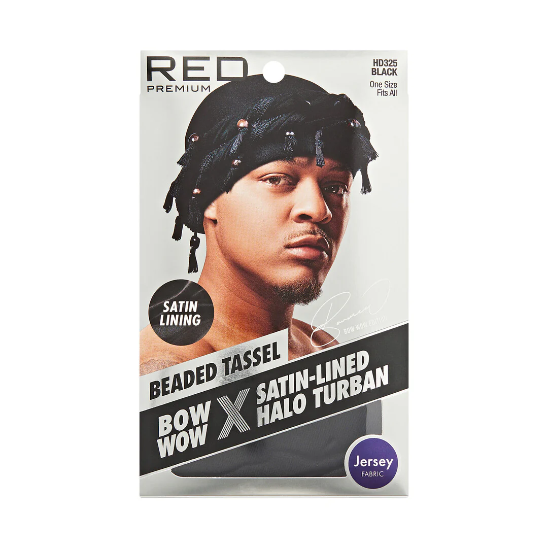 RED Premium Bow Wow Satin-Lined Halo Turban, Pre-Tied Headwrap with Beaded Tassels & Patterns - Image 17