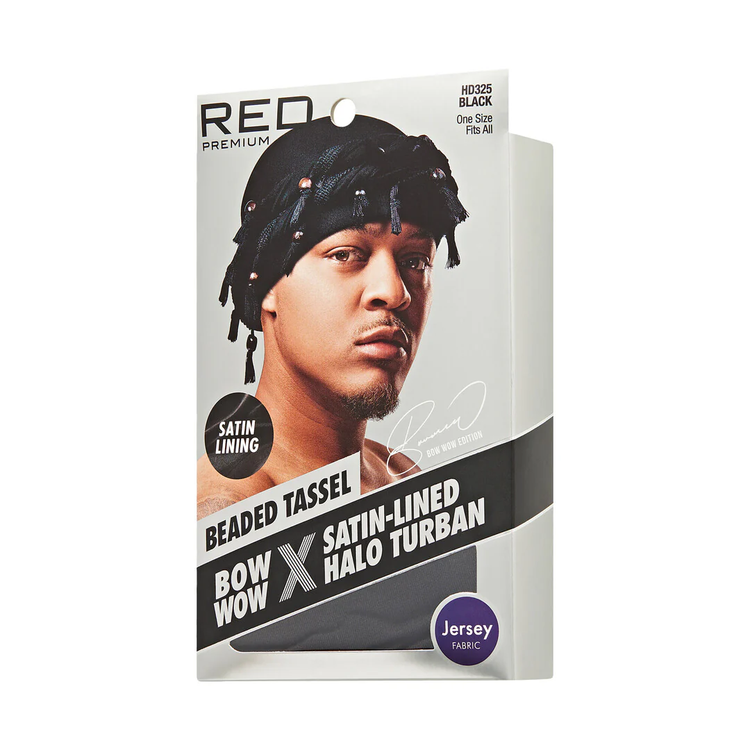 RED Premium Bow Wow Satin-Lined Halo Turban, Pre-Tied Headwrap with Beaded Tassels & Patterns - Image 19