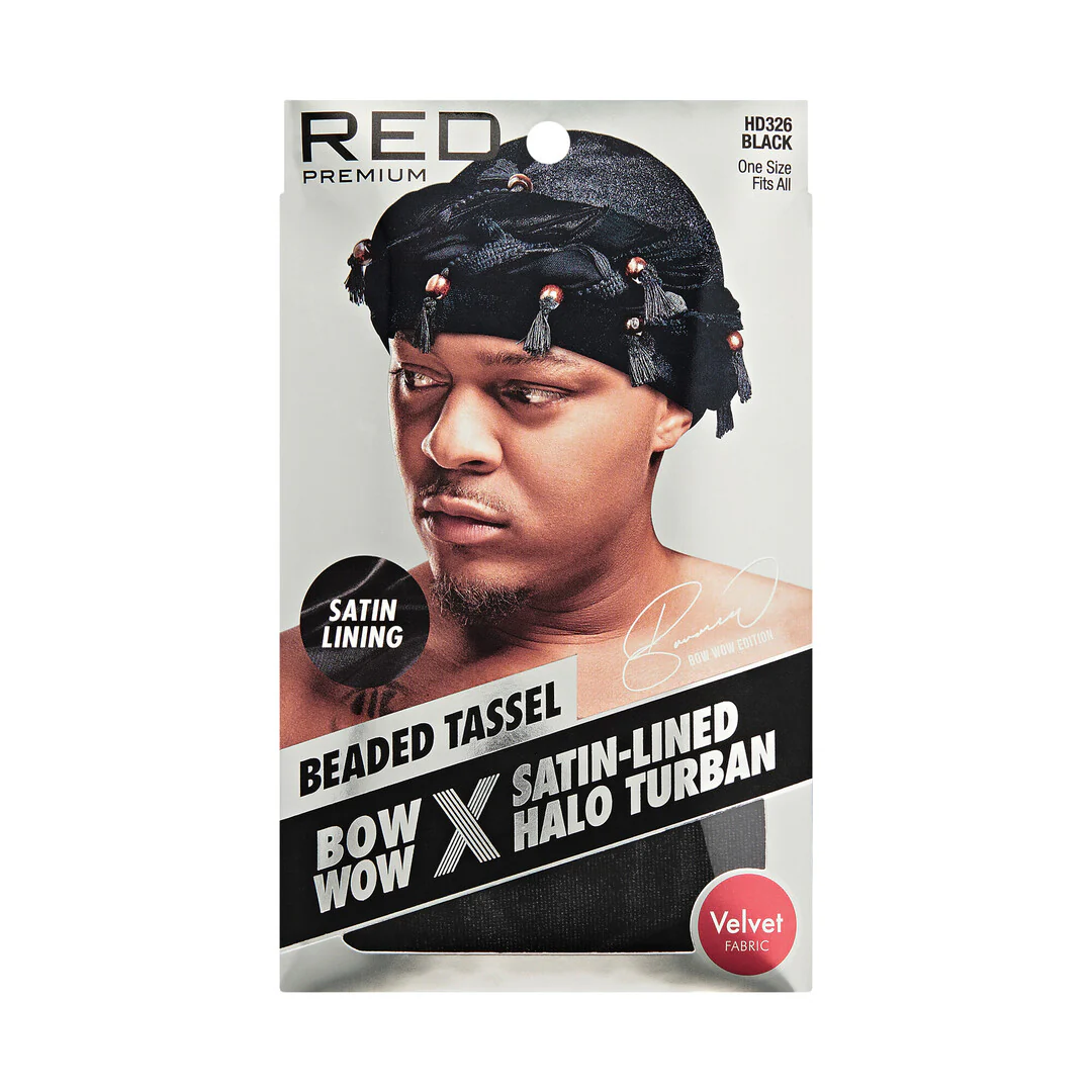 RED Premium Bow Wow Satin-Lined Halo Turban, Pre-Tied Headwrap with Beaded Tassels & Patterns - Image 21