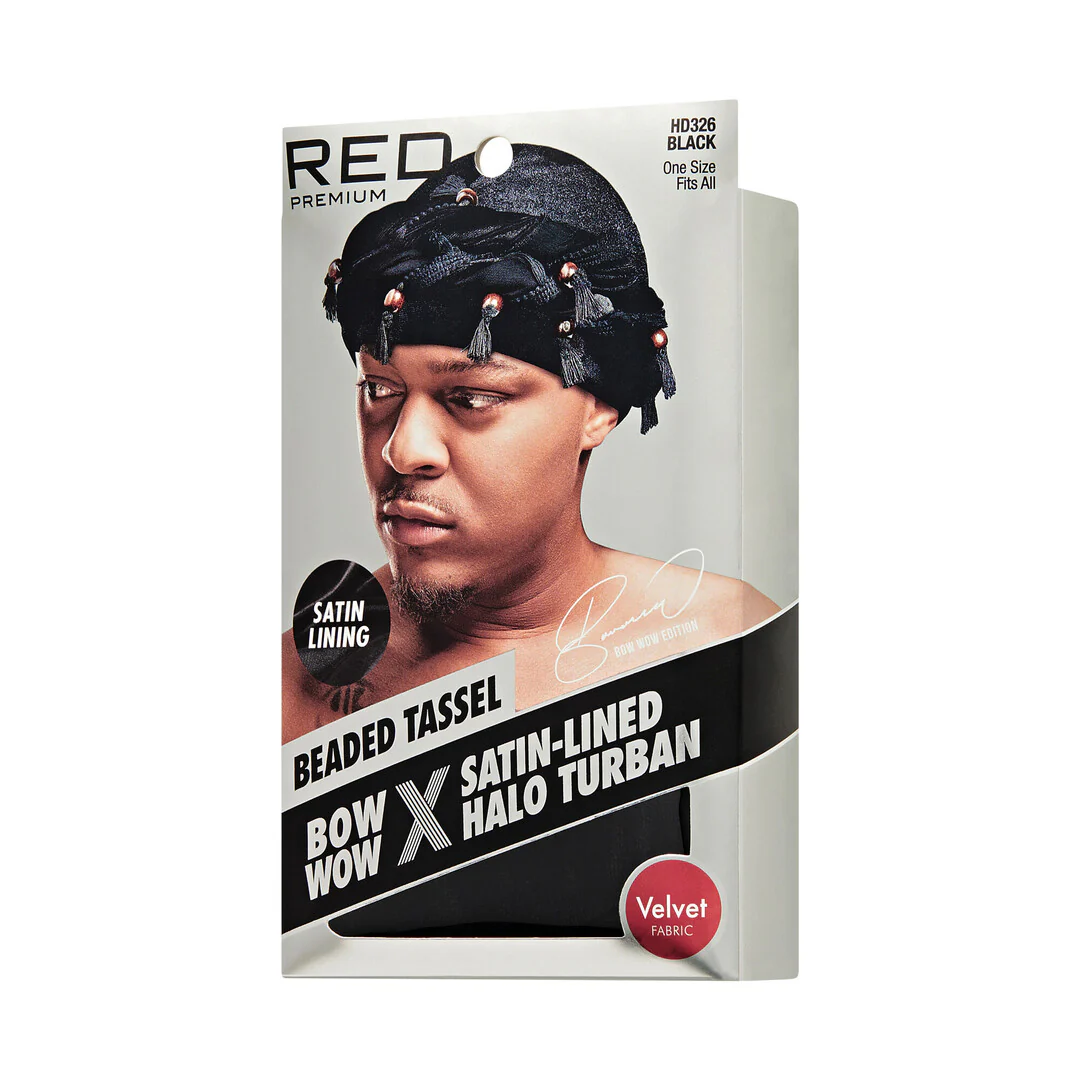 RED Premium Bow Wow Satin-Lined Halo Turban, Pre-Tied Headwrap with Beaded Tassels & Patterns - Image 23