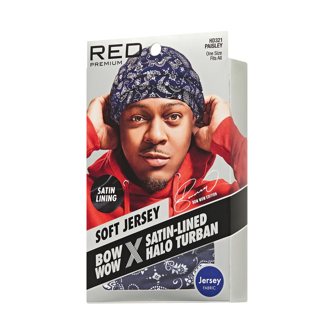 RED Premium Bow Wow Satin-Lined Halo Turban, Pre-Tied Headwrap with Beaded Tassels & Patterns - Image 3