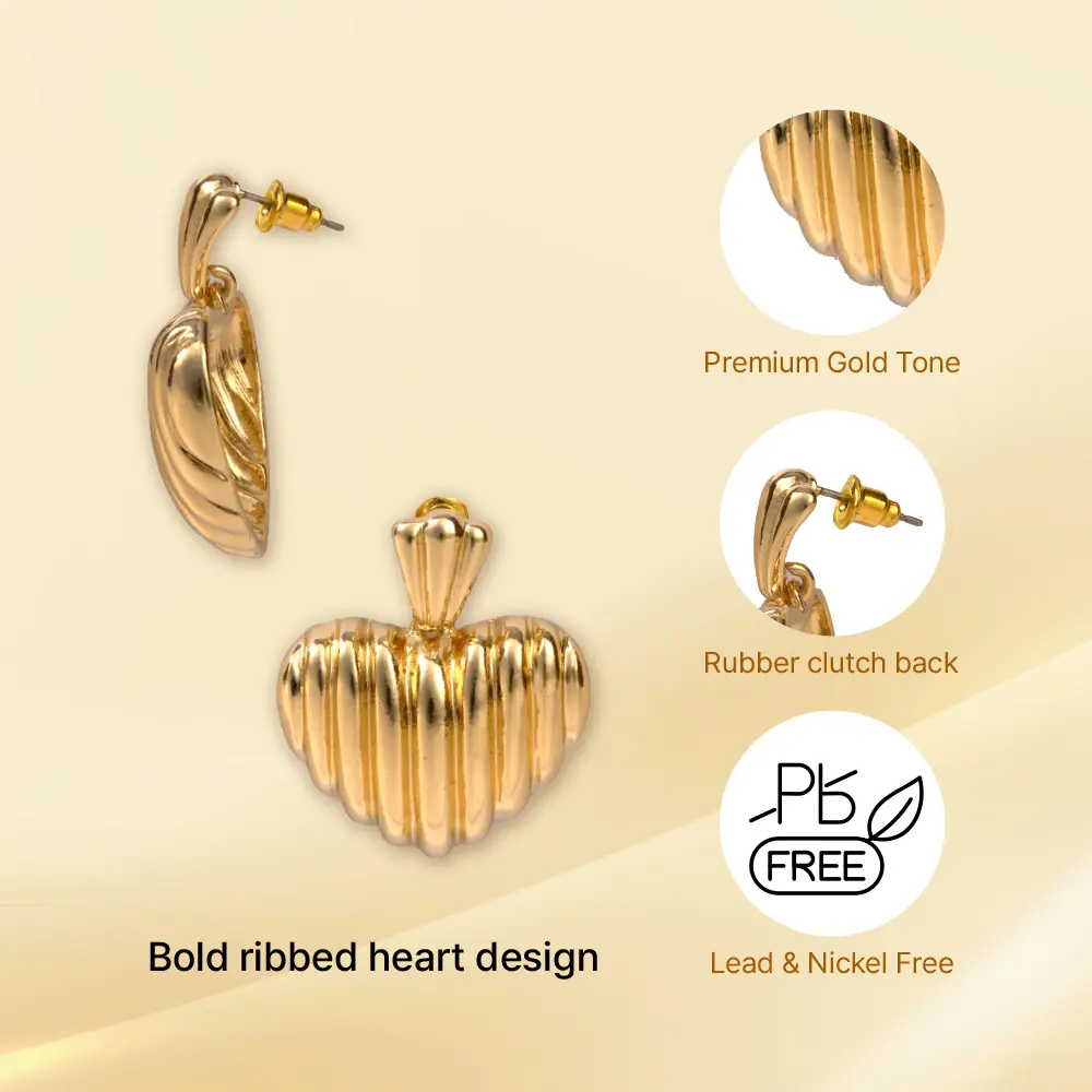 Arria Ribbed Heart Earrings in Gold Tone – 29×35.5mm - Image 4