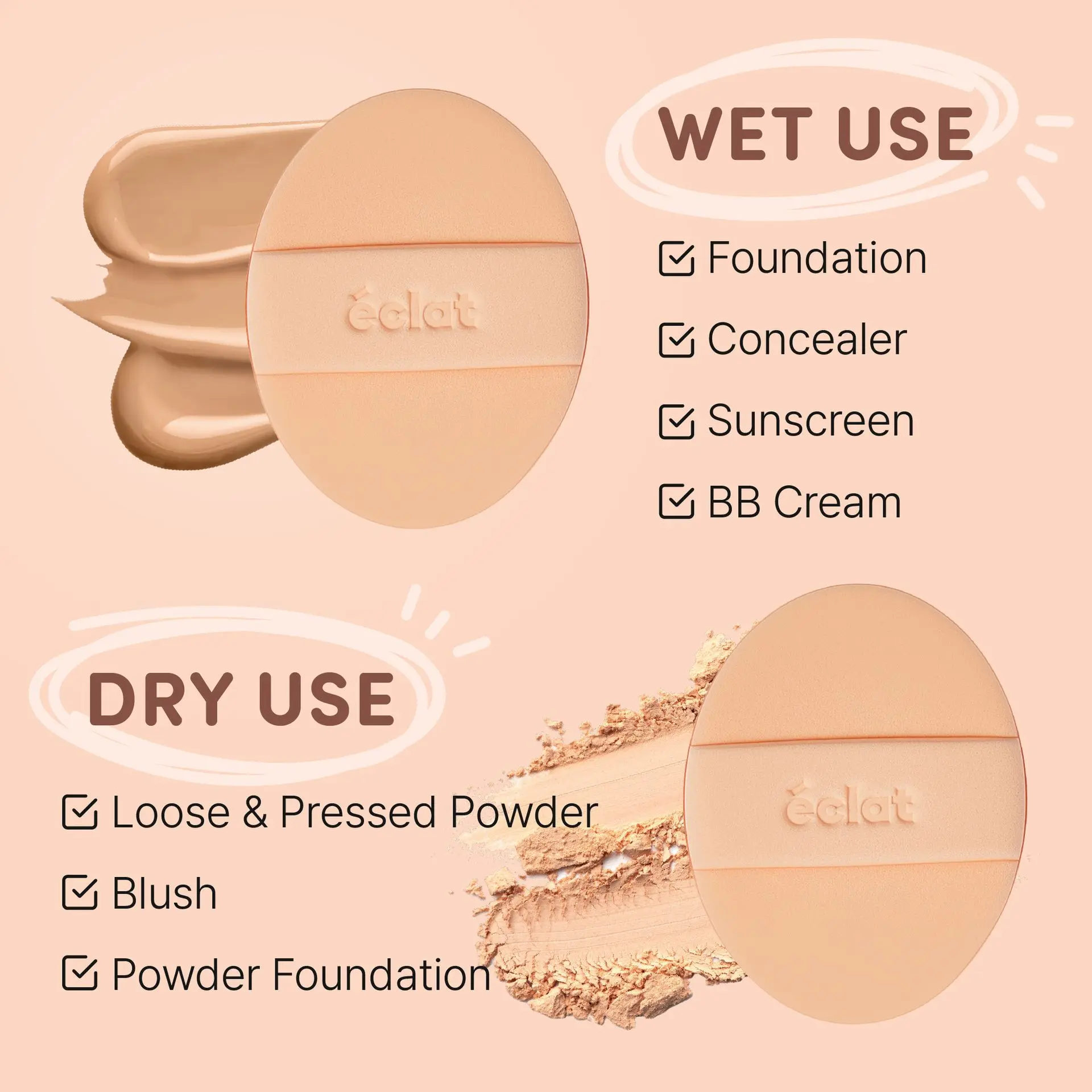 éclat Rubycell Oval Cushion Puff Set 2pcs – Latex Free Foundation & Finger Puffs - Image 6