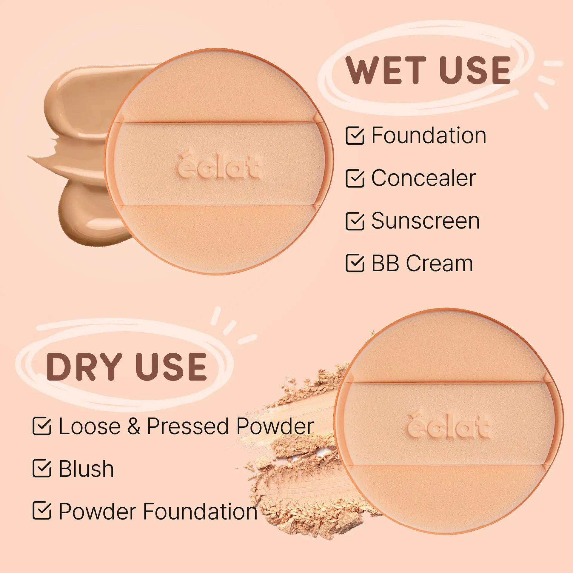 éclat Rubycell Round Cushion Puff Set 2pcs – Latex Free Foundation & Finger Puffs - Image 6
