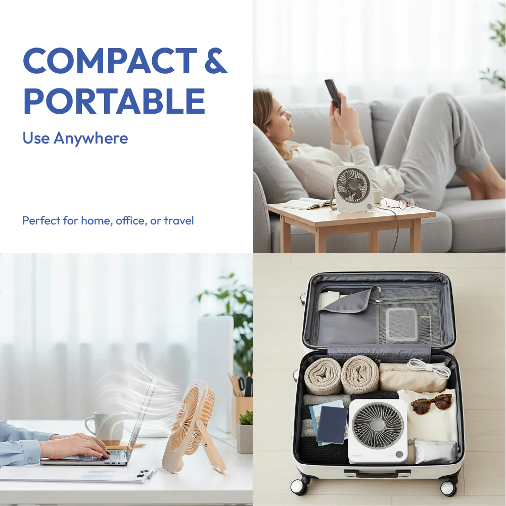 MAVIÉ Small Desk Fan, Rechargeable Quiet Mini Personal Fan, 180° Foldable & Cordless Design, Ultra Thin & Portable, 4 Speeds, Long Battery Life, Travel Essential for Office, Home, Bedroom - Image 2