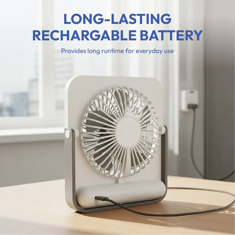 MAVIÉ Small Desk Fan, Rechargeable Quiet Mini Personal Fan, 180° Foldable & Cordless Design, Ultra Thin & Portable, 4 Speeds, Long Battery Life, Travel Essential for Office, Home, Bedroom - Image 4