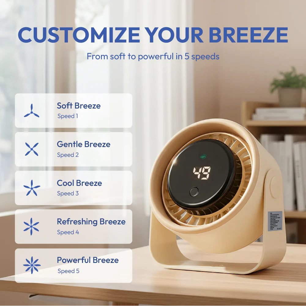 MAVIÉ Small Desk Fan, Rechargeable Quiet Mini Personal Fan With LED Digital Display, Portable Wall-Mount & Cordless Design, 5 Speeds, Long Battery Life, Travel for Office, Home, Bedroom - Image 4