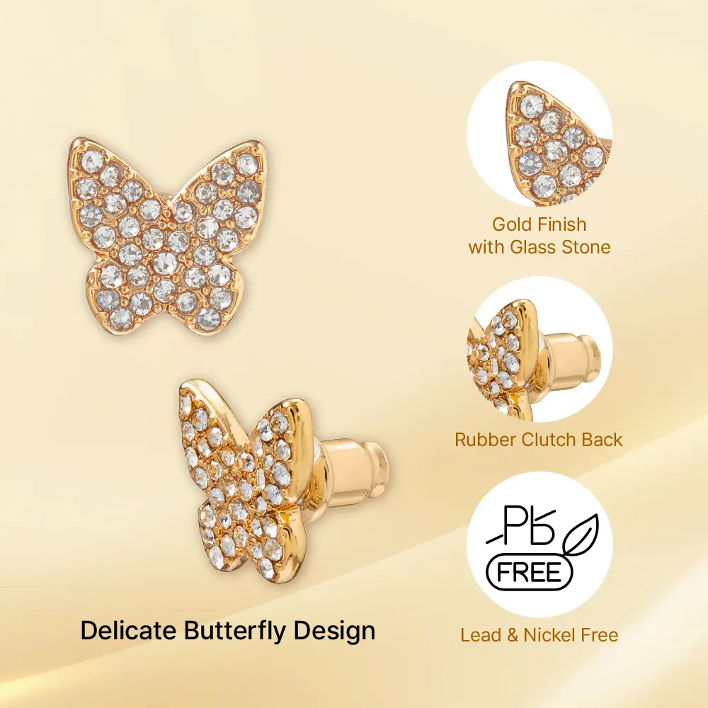 Arria Sparkling Butterfly Stud Earrings in Gold Tone with Glass Stones – 10.5mm - Image 4