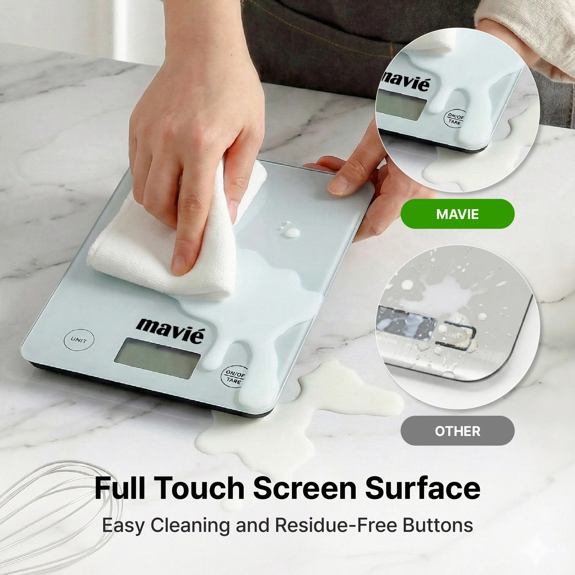 MAVIE Tempered Glass Digital Kitchen Scale – Full Touch Screen Food Scale with 5kg Capacity & 7 Weighing Units - Image 10