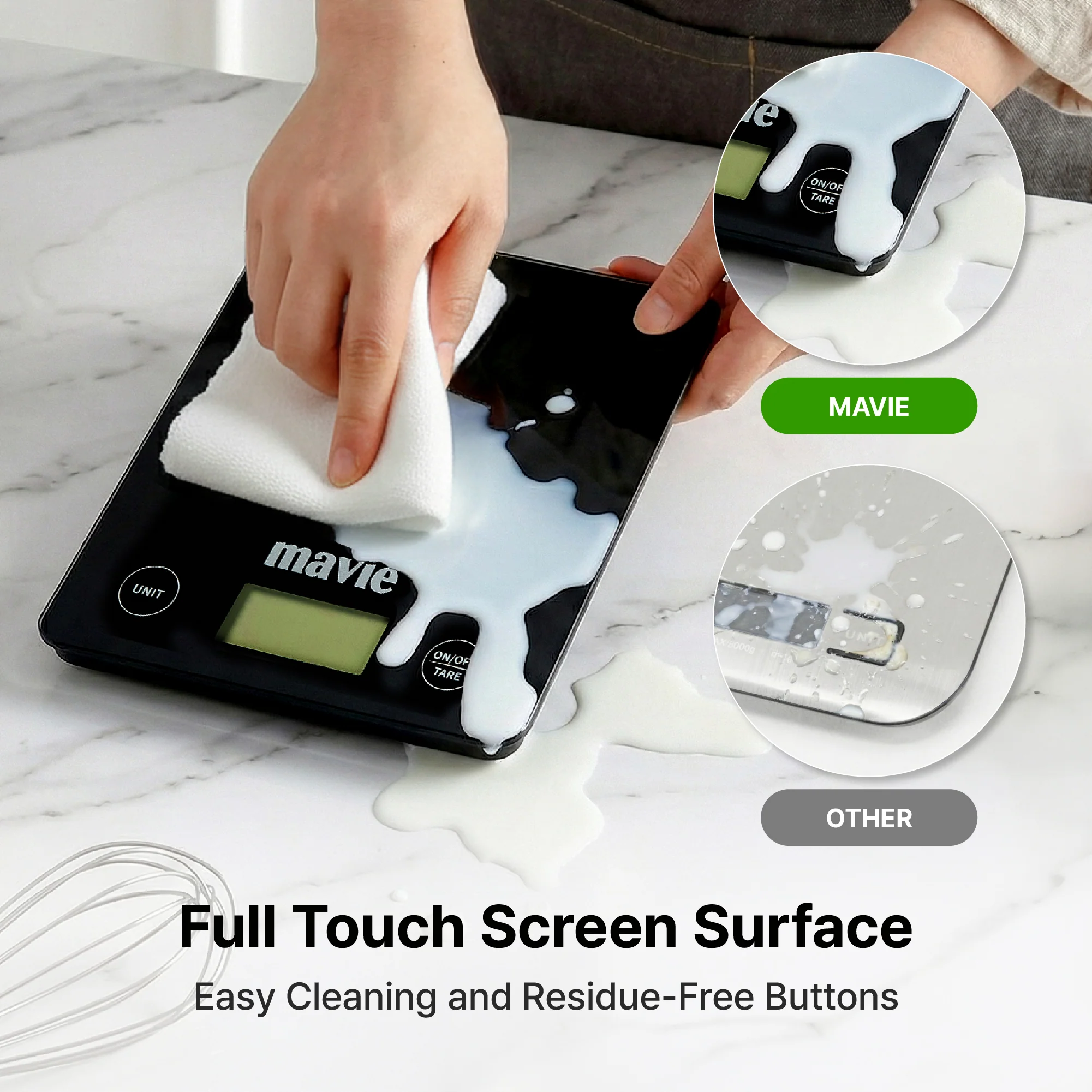 MAVIE Tempered Glass Digital Kitchen Scale – Full Touch Screen Food Scale with 5kg Capacity & 7 Weighing Units - Image 3