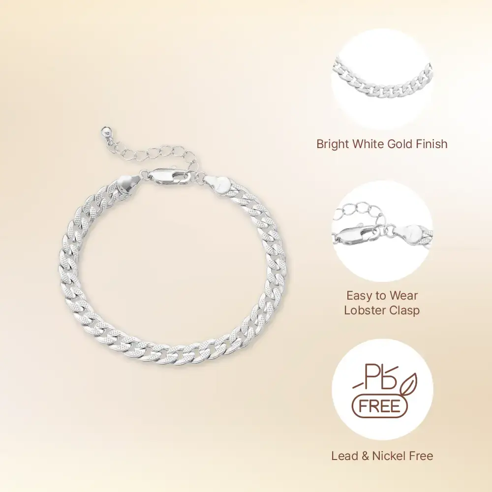 Arria Textured White Gold Tone Bracelet – 6mm Curb Chain - Image 4