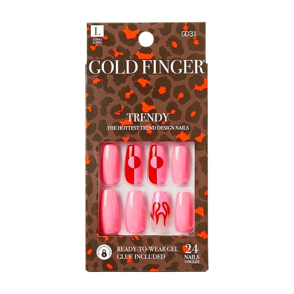 Gold Finger Press On Trendy Pink Long Nails - Image 2