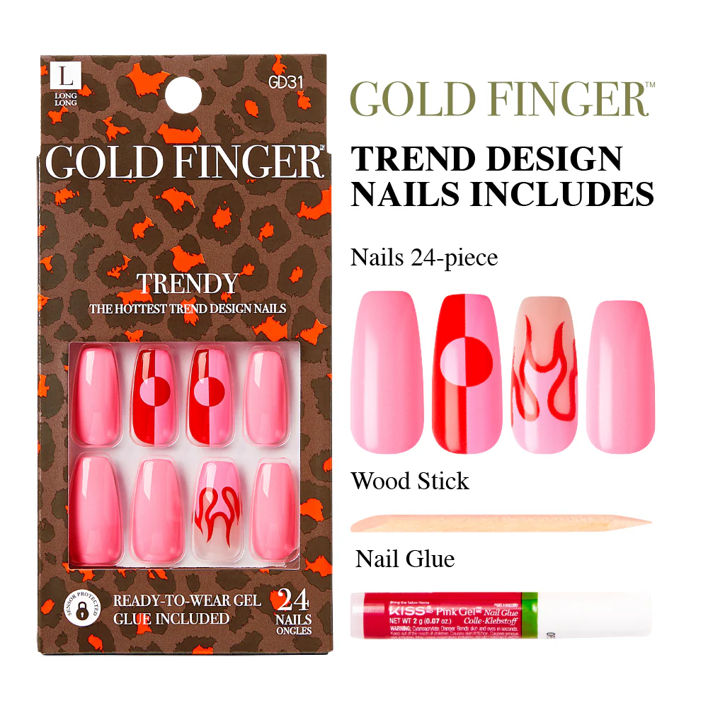 Gold Finger Press On Trendy Pink Long Nails - Image 4