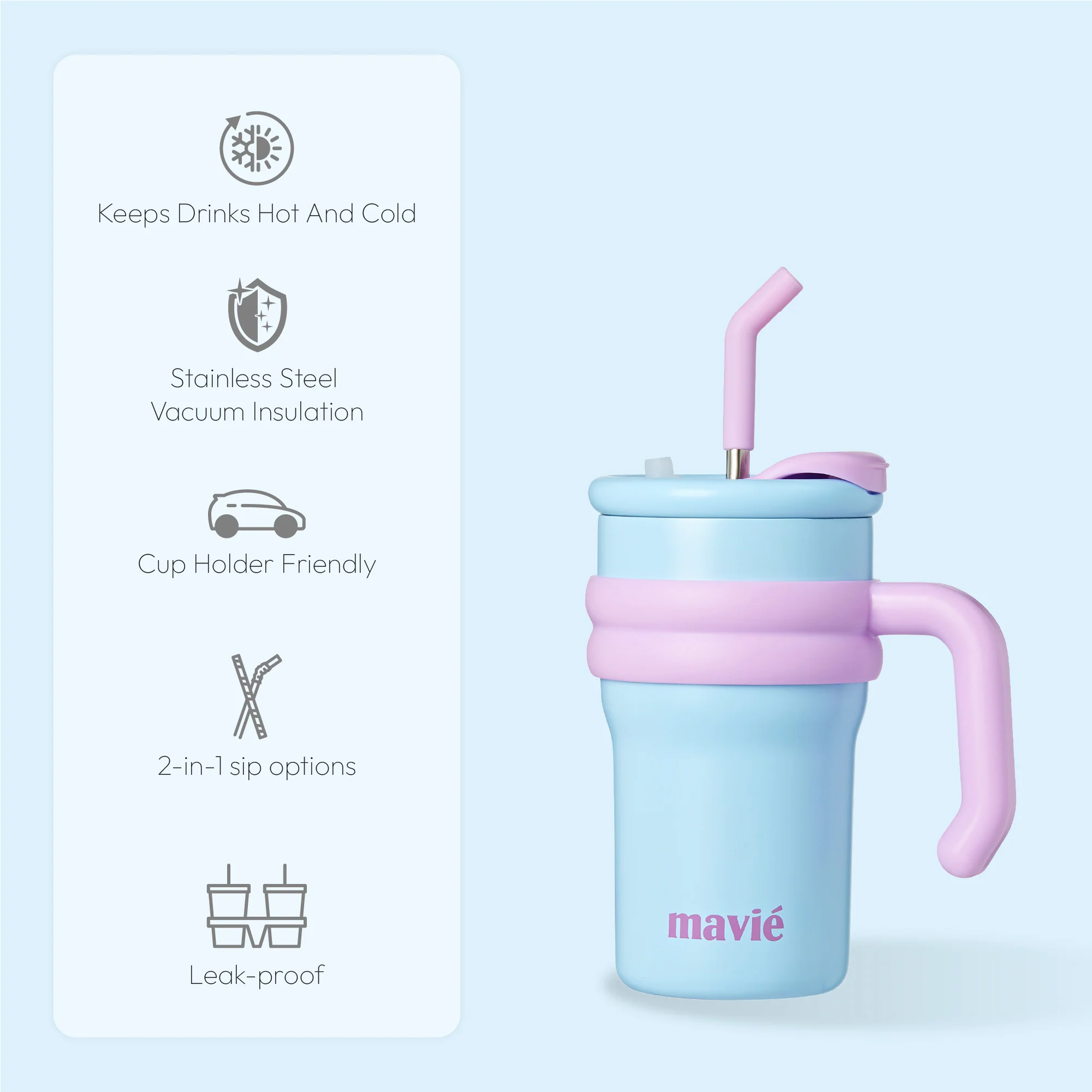 MAVIE Tumbler with Handle & Metal Straw + Silicone Tip - 17oz & 24oz - Image 13