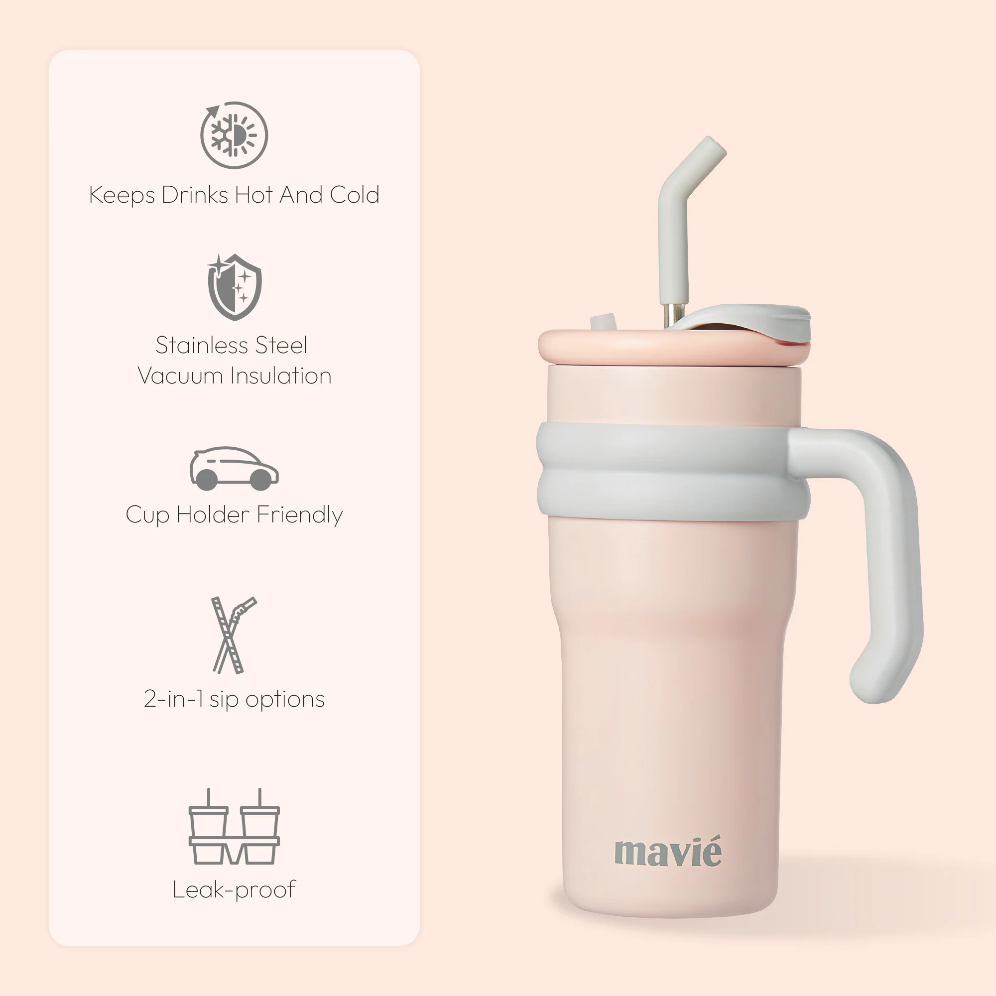 MAVIE Tumbler with Handle & Metal Straw + Silicone Tip - 17oz & 24oz - Image 23