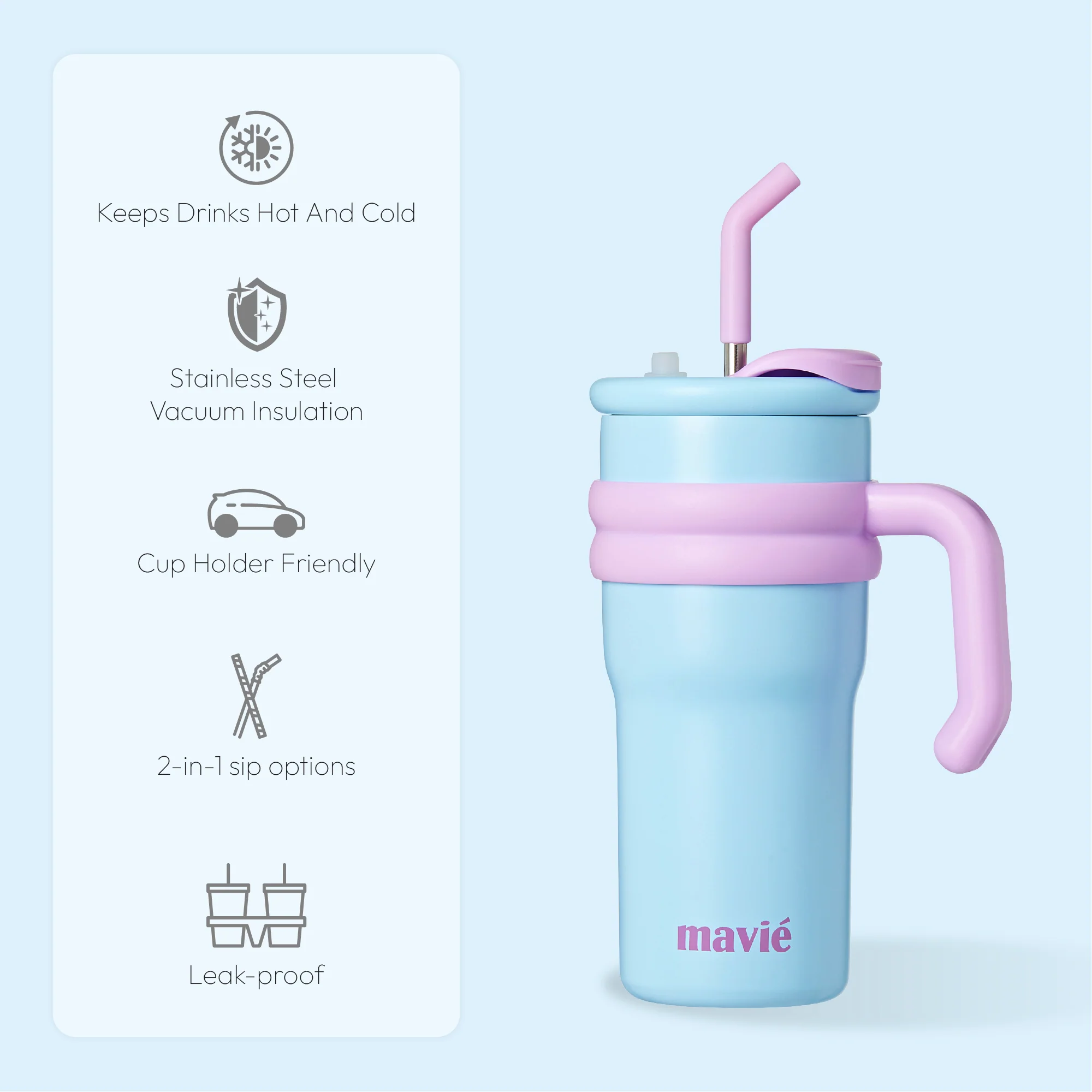 MAVIE Tumbler with Handle & Metal Straw + Silicone Tip - 17oz & 24oz - Image 28