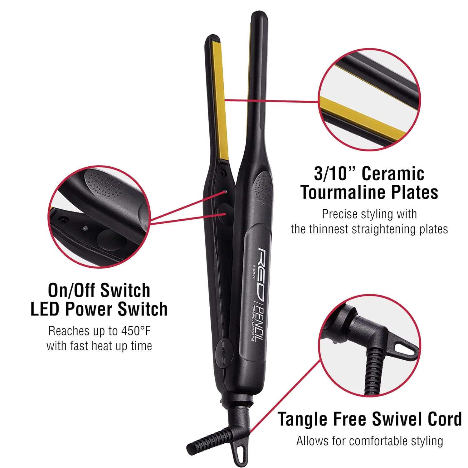 RED by KISS Ultra-Thin 3/10" Ceramic Tourmaline Plates Pencil Flat Iron for Edge Straightening & Short Hair - Image 2