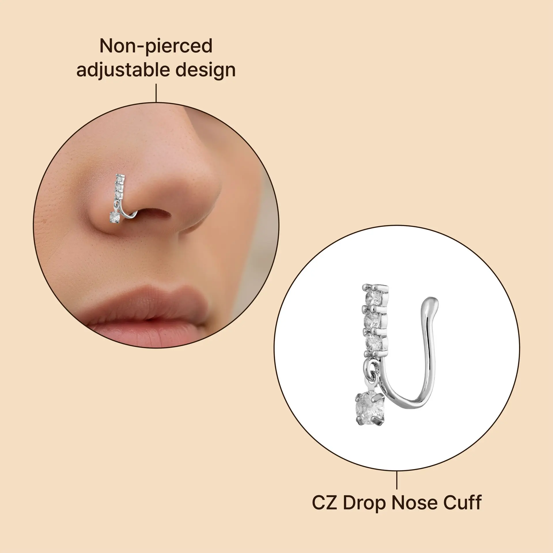 Arria White Gold CZ Adjustable Nose Cuff Non-Pierced, Hypoallergenic - Image 3