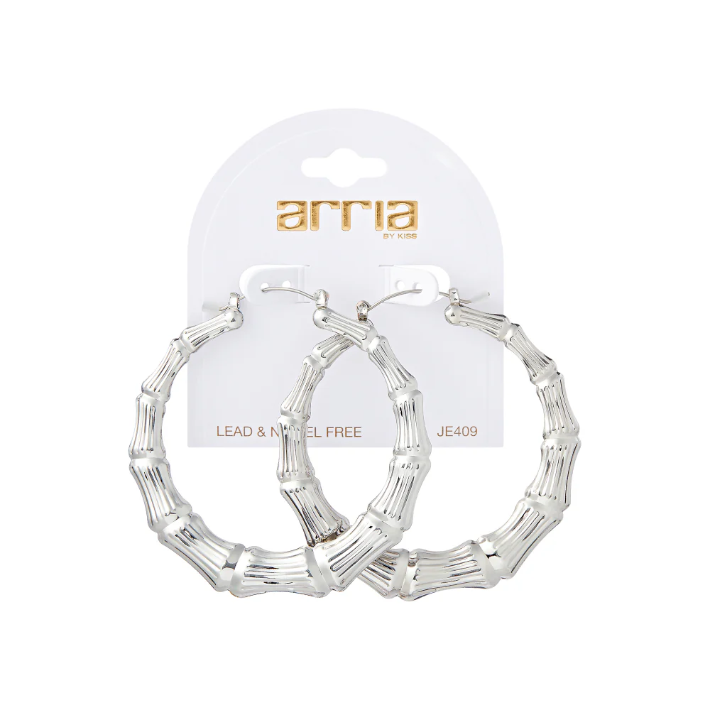 Arria White Gold Tone Bamboo Hoop Earrings – 65mm & 70mm - Image 3
