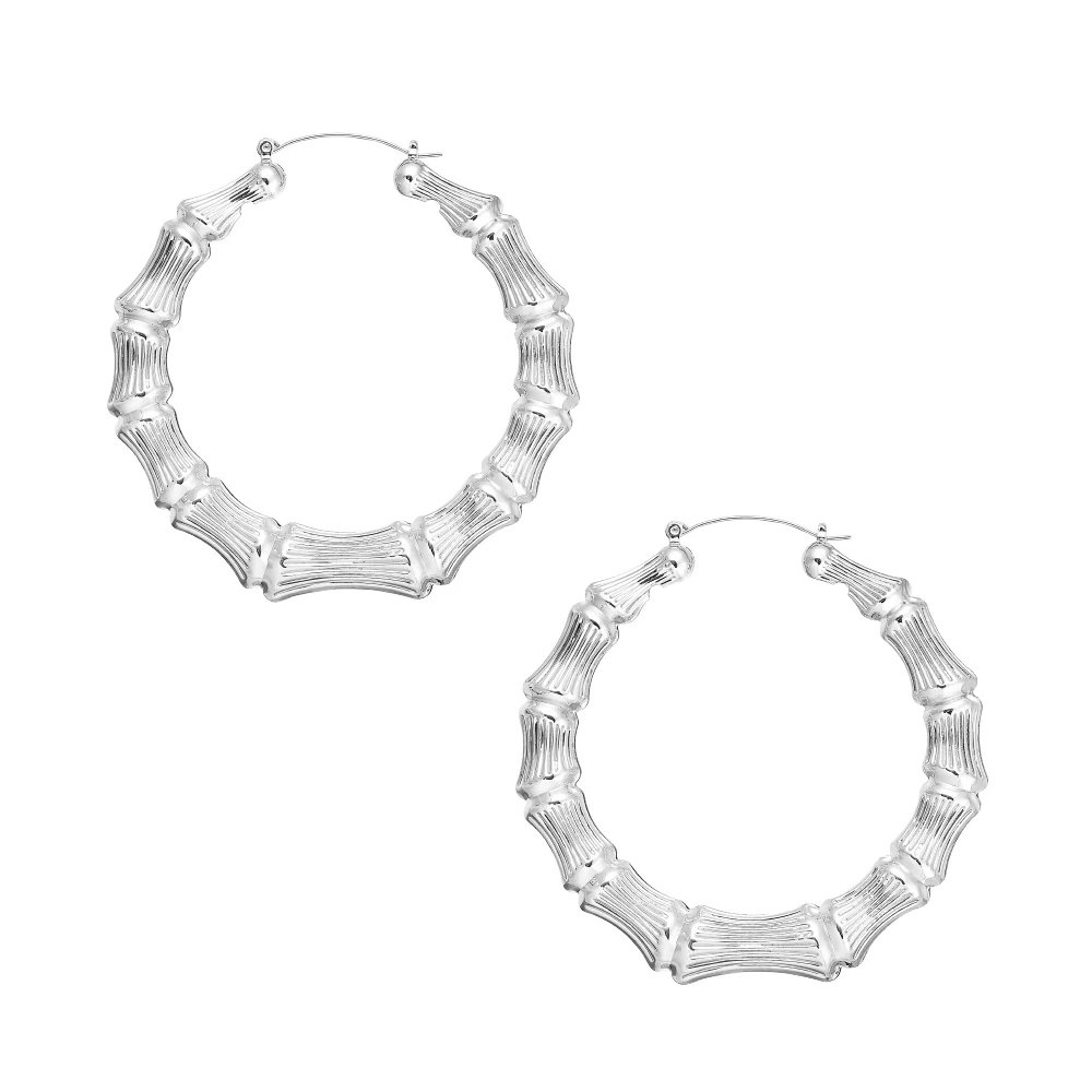 Arria White Gold Tone Bamboo Hoop Earrings – 65mm & 70mm - Image 5