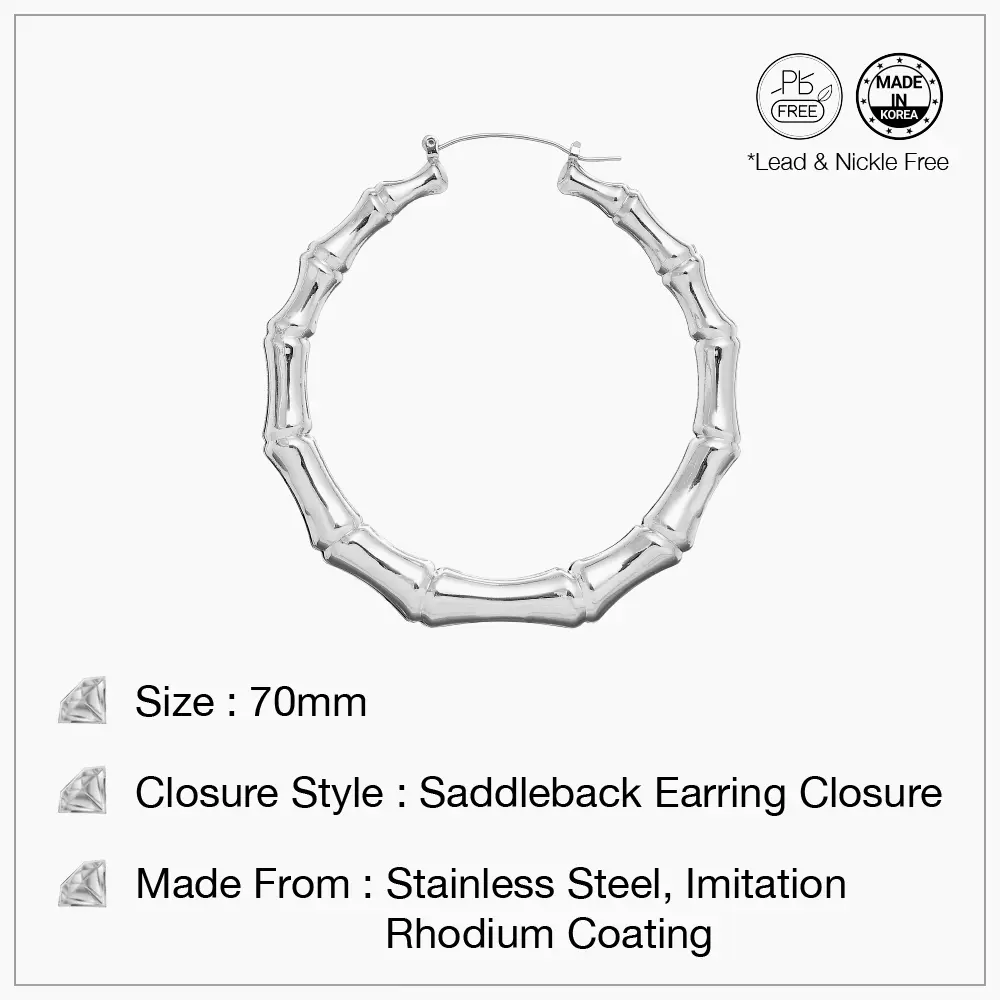 Arria White Gold Tone Bamboo Hoop Earrings - 70mm - Image 3