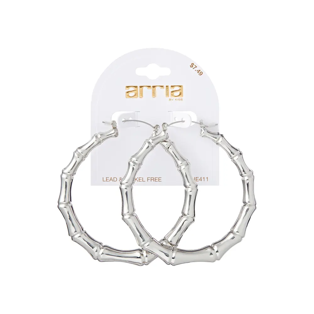 Arria White Gold Tone Bamboo Hoop Earrings - 70mm - Image 4