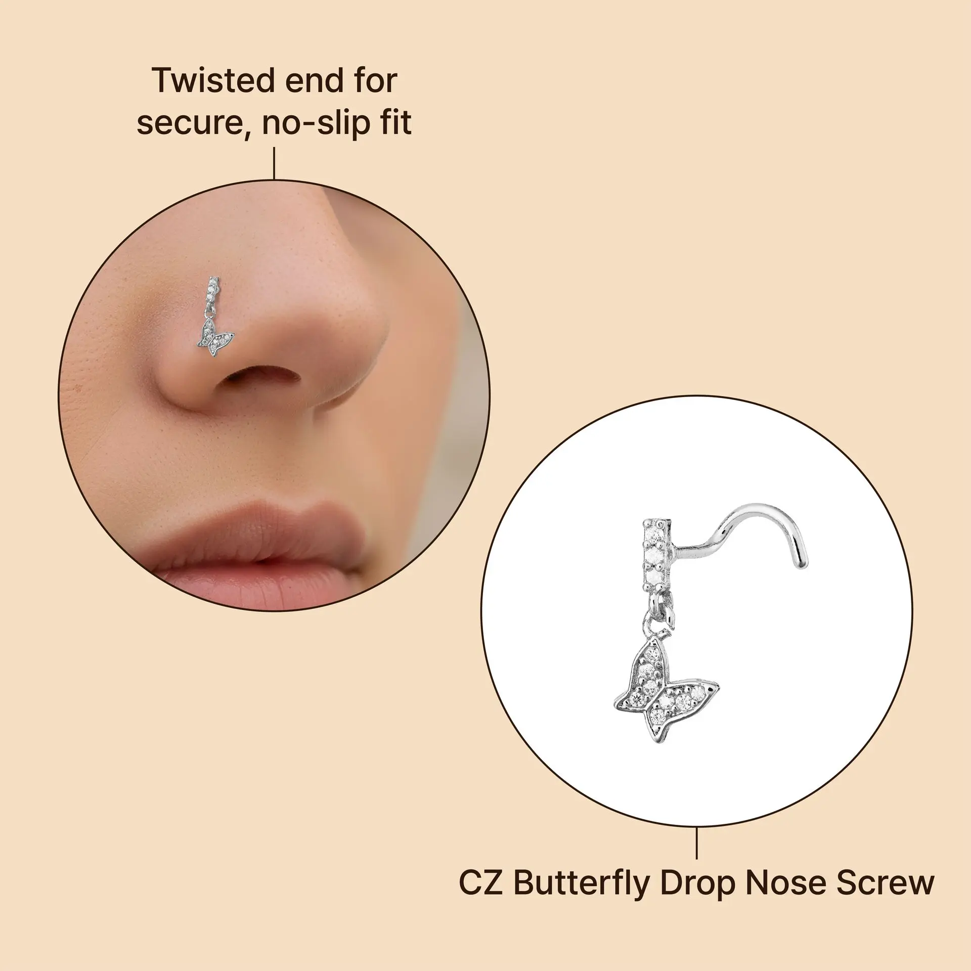Arria White Gold Tone CZ Butterfly Drop Nose Screw Hypoallergenic, Secure Twisted Fit - Image 3