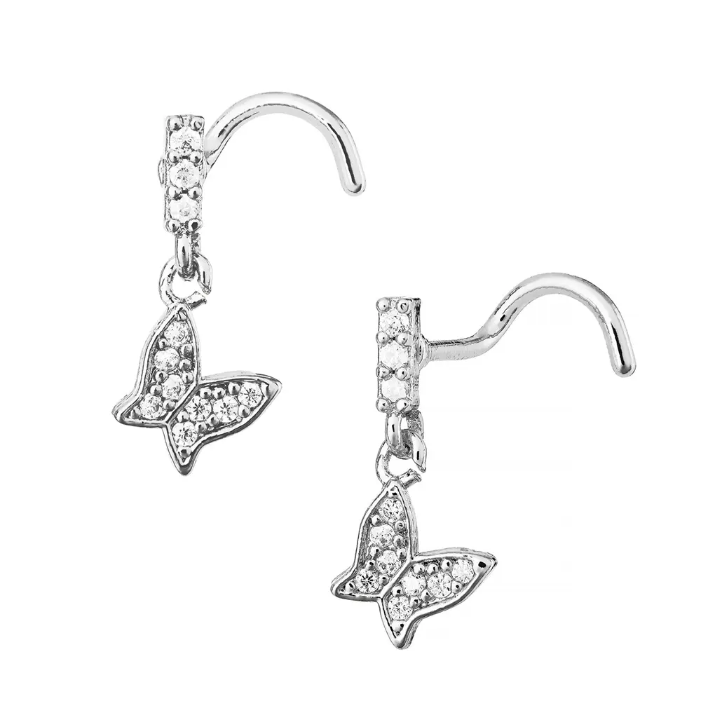 Arria White Gold Tone CZ Butterfly Drop Nose Screw Hypoallergenic, Secure Twisted Fit - Image 7