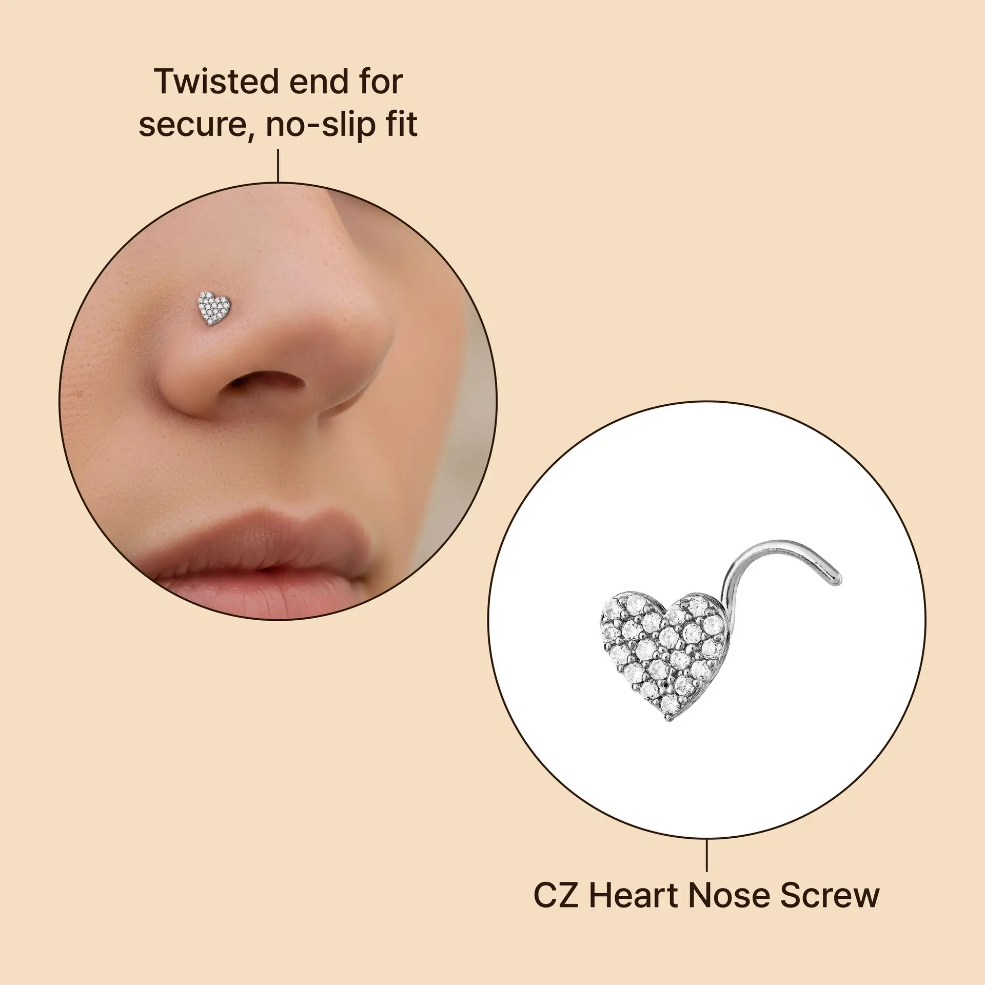 Arria White Gold Tone CZ Heart Nose Screw Hypoallergenic, Secure Twisted Fit - Image 4