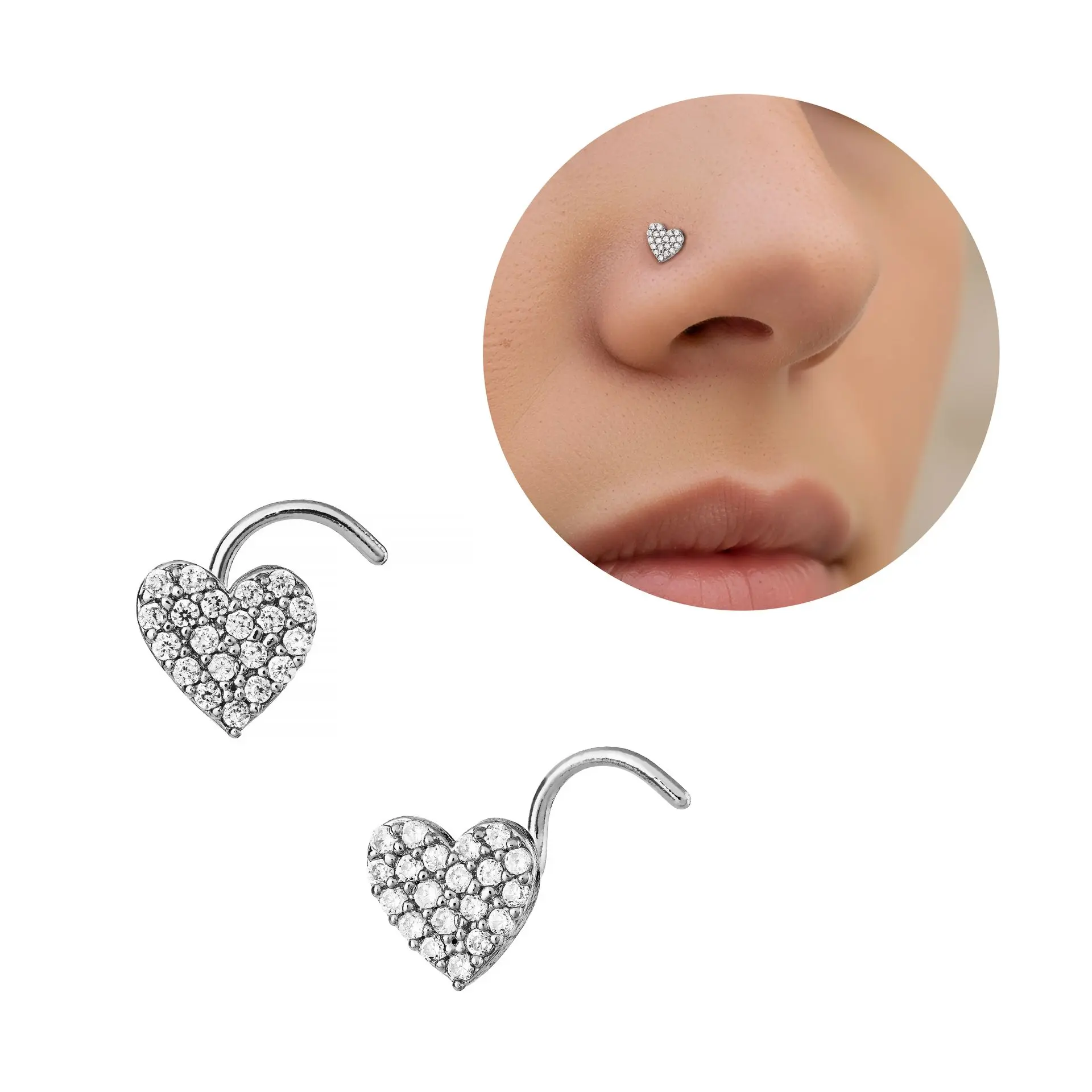 Arria White Gold Tone CZ Heart Nose Screw Hypoallergenic, Secure Twisted Fit - Image 6